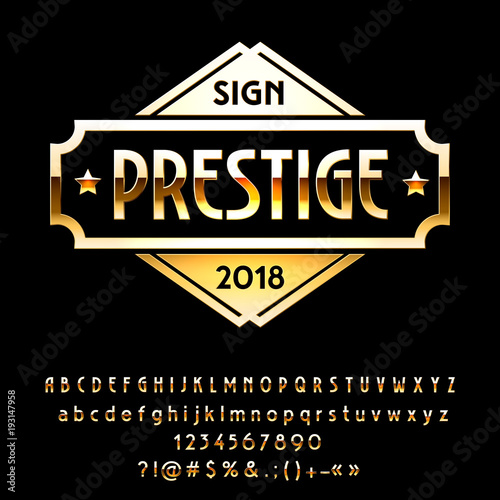 Vector Golden reflective Sign Prestige. Set of gradient Metallic Alphabet Letters, Numbers and Symbols