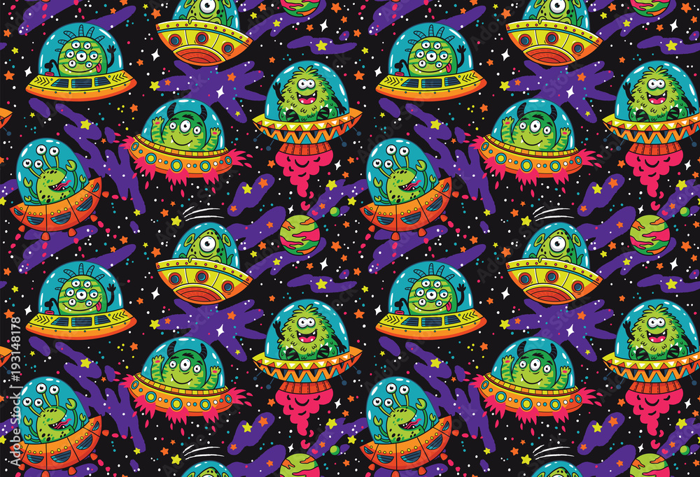 Cute cartoon UFO in the space seamless pattern. Vector illustration