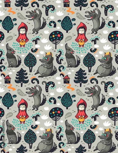 Tapety Wzór z czerwonym kapturem i szarym głodnym wilkiem w lesie. Tło wyobraźni bajki