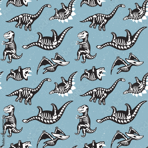 Seamless pattern with cute scary silhouettes of dinosaurs with a skeleton. Halloween Holidays blue background