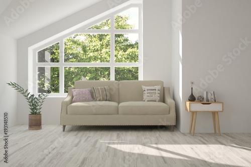 Wallpaper Mural Idea of white room with sofa and summer landscape in window. Scandinavian interior design. 3D illustration Torontodigital.ca