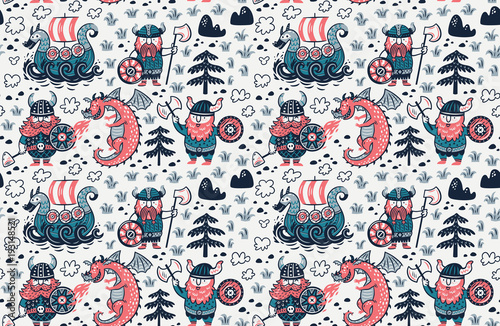 Seamless pattern with cartoon vikings characters, dragon and drakkar in comic style. Vector illustration