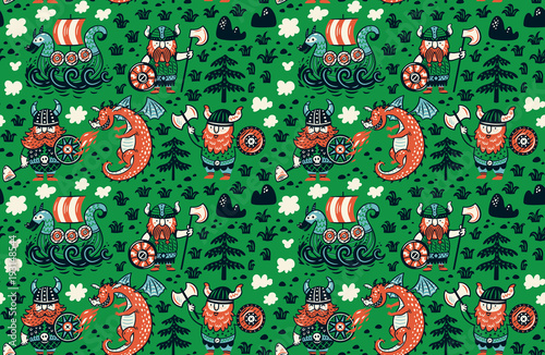 Seamless pattern with cartoon vikings characters, dragon and drakkar in comic style. Vector illustration