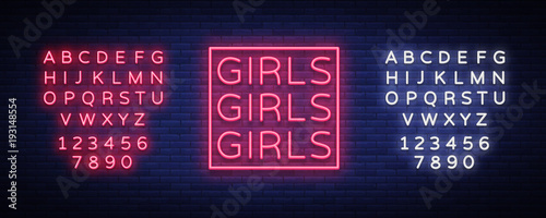 Girls neon sign. Night light sign, Erotica, Striptease, Neon banner for strip club. Adult show. Vector illustration. Editing text neon sign
