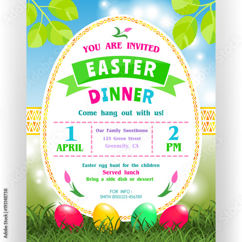 Easter dinner announcing poster template. Text customized for invitation and colorful eggs.