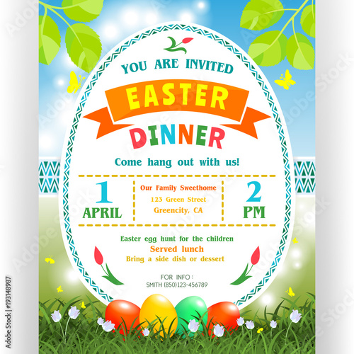 Easter dinner announcing poster template. Shining spring background with grass and flowers.