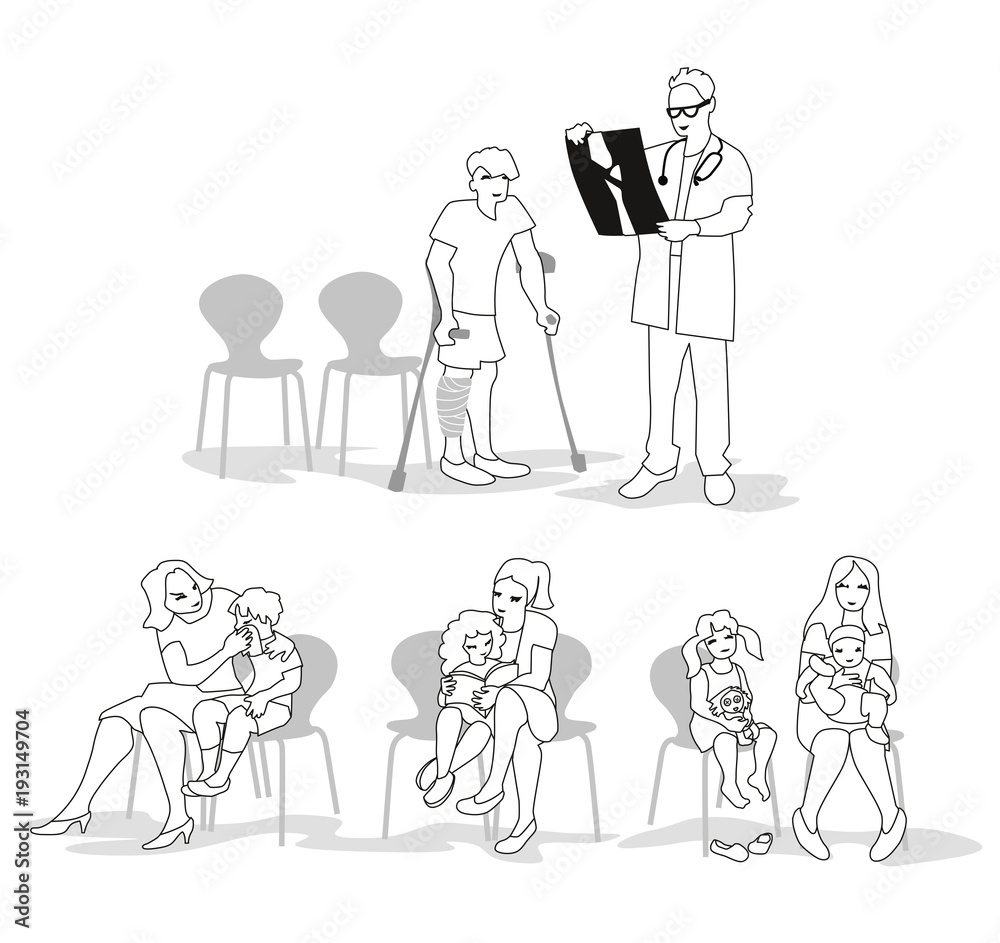Vector Illustration of sick children with parents sitting in waiting room. Characters set. Vector Illustration of sick children with parents sitting in waiting room. Characters set.