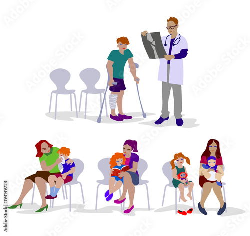 Vector Illustration of sick children with parents sitting in waiting room. Characters set.