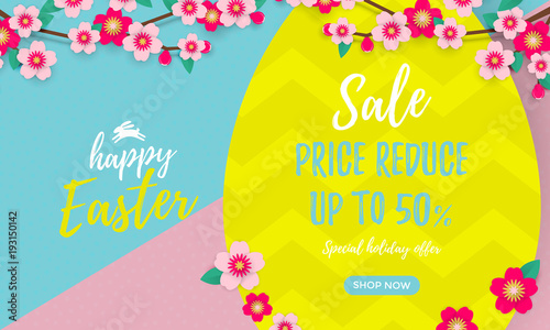Happy Easter Sale poster with paper cut Easter egg and cherry flowers or apple tree spring blossom design on bright yellow, blue and pink color paper background. Easter web banner of online store shop