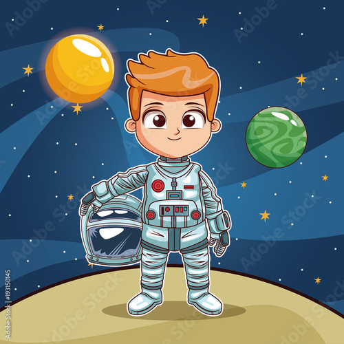 Astronaut boy on space planet cartoon vector illustration graphic design childhood space party