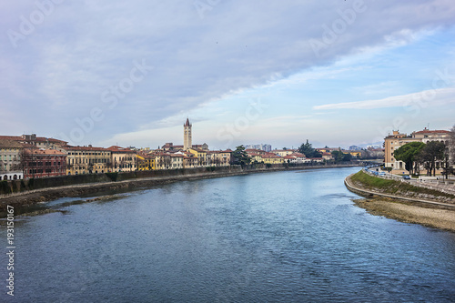 Beautiful panorama of Adige River waterfront in Verona, Italy.