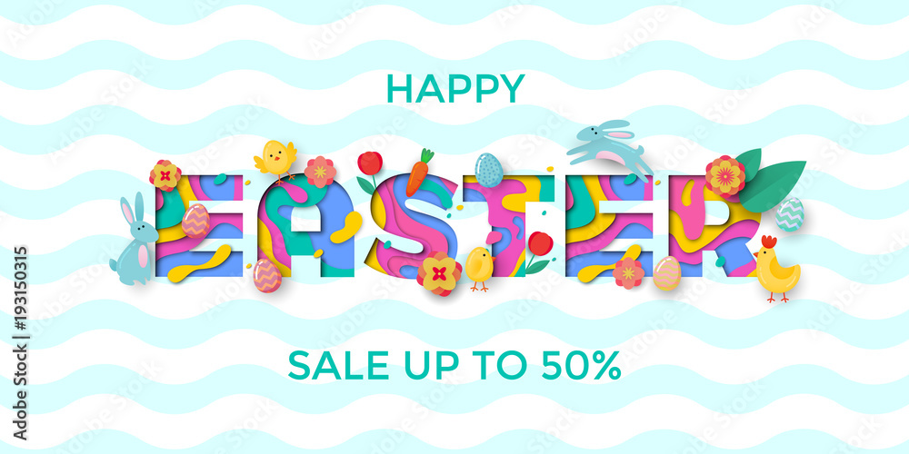 Vector Easter sale banner of paper cut text lettering with Easter papercut egg, bunny, chick and chiken and spring cherry and tulip flowers on blue wave pattern background for banner template