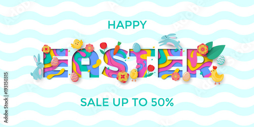 Vector Easter sale banner of paper cut text lettering with Easter papercut egg, bunny, chick and chiken and spring cherry and tulip flowers on blue wave pattern background for banner template