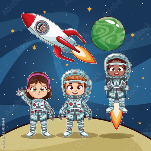 Astronauts kids on space cartoon vector illustration graphic design childhood space party