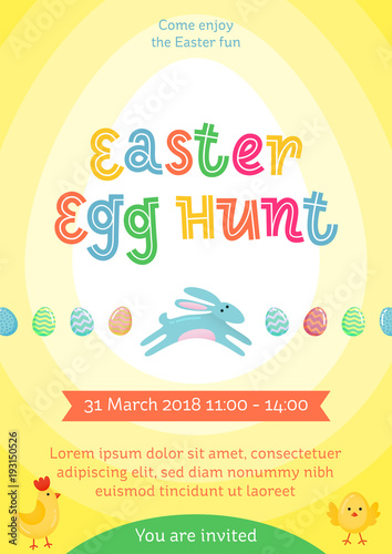 Easter egg hunt vector poster with jumping Easter banny and colored ornate egg on yellow gradient background. Funny cartoon invitation party poster, banner, flyer for Easter joy fun family celebration