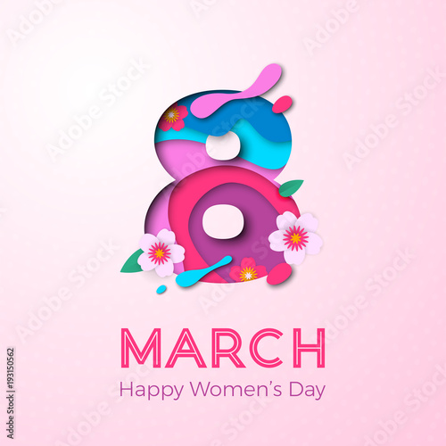 8 March papercut illustration for International Women's Day card. Vector paper cut number Eight with cherry blossom on elegant pink background. Trendy modern women's day greeting card template
