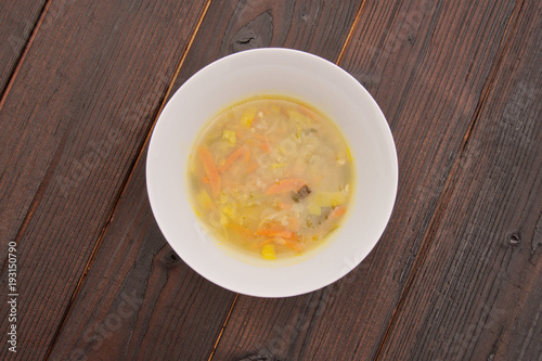Vegetable soup with buckwheat on a table