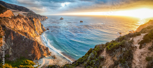 Leinwand Poster Big Sur coastline panorama at sunset, California, USA