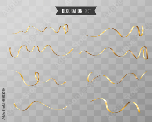 Gold serpentine and confetti isolated on transparent background. Vector illustration.