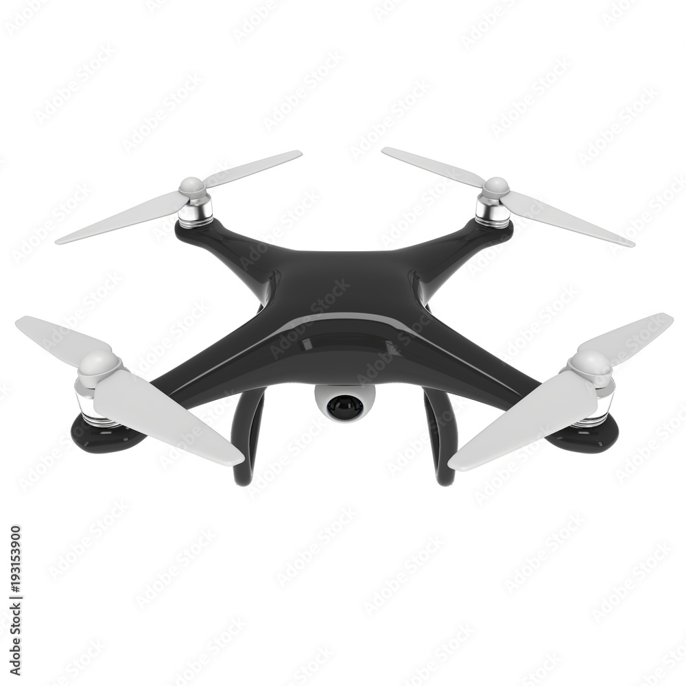 Remote control air drone. Dron flying with action video camera. 3d render Isolated on white background. Remote control air drone. Dron flying with action video camera. 3d render Isolated on white background.