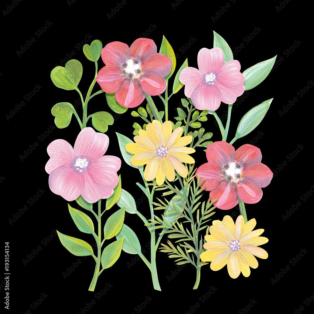 Gouache painted flowers and leaves Bright summer background