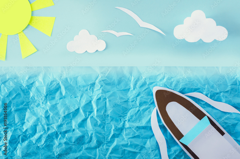 Fototapeta premium Summer background with yacht. Paper cut.