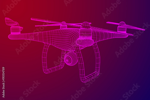Remote control air drone. Dron flying with action video camera. Wireframe low poly mesh vector illustration