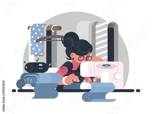 Girl seamstress in workplace