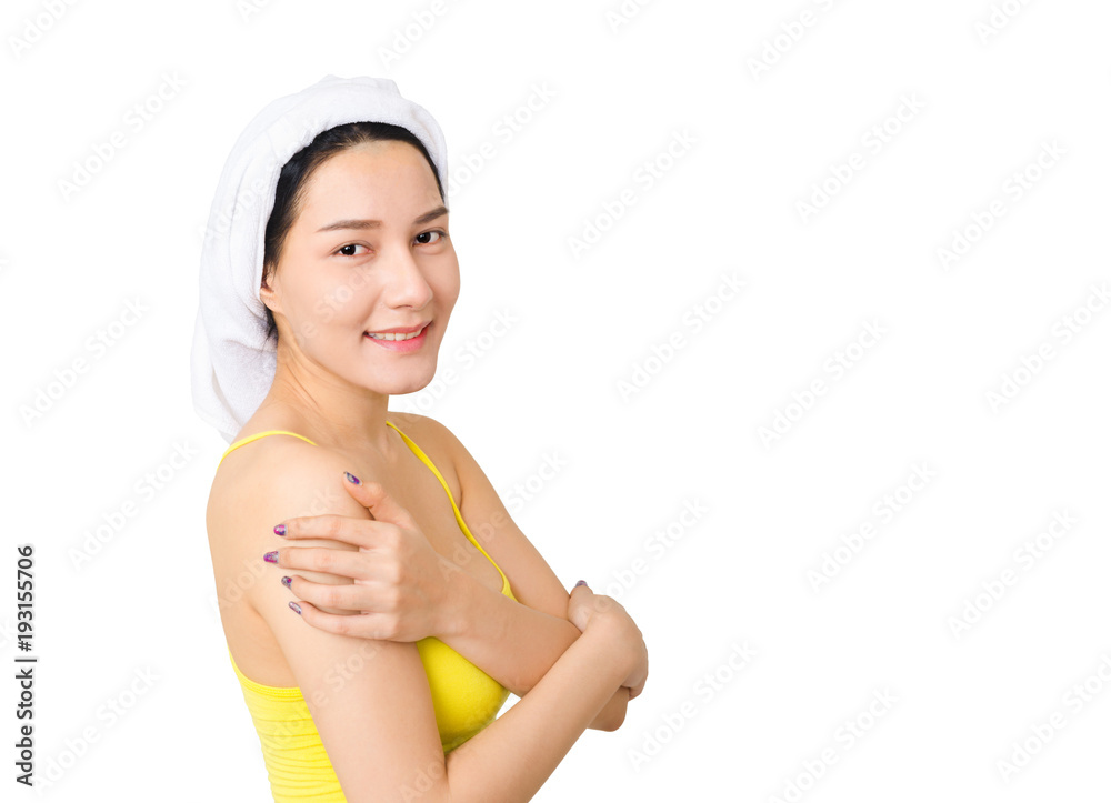 portrait of beautiful asian girl in face skin care and spa concept with towel cover on hair and smile sexy or cute pose isolated on white background with clipping path. portrait of beautiful asian girl in face skin care and spa concept with towel cover on hair and smile sexy or cute pose isolated on white background with clipping path.