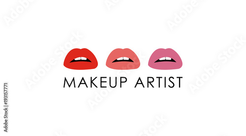 Vector flat design illustration of colorful women lips and makeup inscription creative makeup. Concept for beauty salon, cosmetics label, cosmetology procedures, visage and makeup artist.