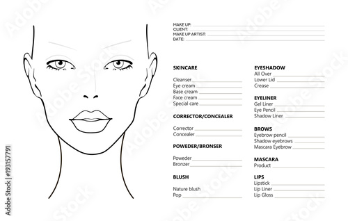 Face chart Makeup Artist Blank. Template. Vector illustration. Beauty face chart. Beautiful woman with open eyes. Face chart Makeup Artist Blank Template. Vector illustration. photo