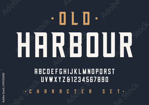 Vector condensed retro display font design, alphabet, character 