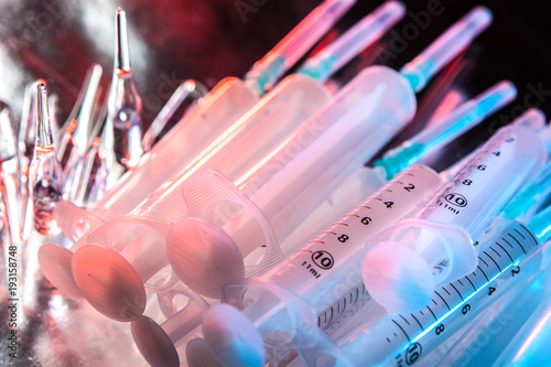 Many syringes. Medical labo...