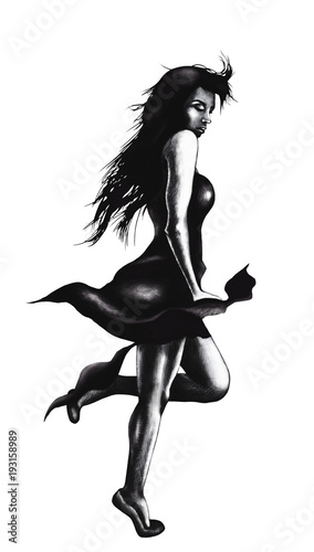 Black and white illustration of a graceful girl in a flowing dress.