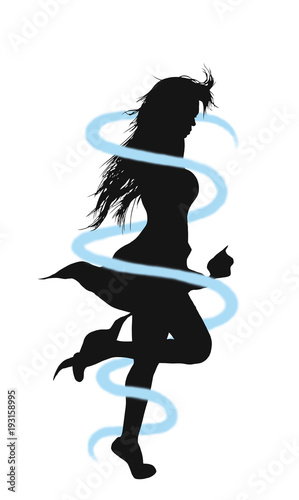 Silhouette of graceful girl in a flowing dress with neon stripe.