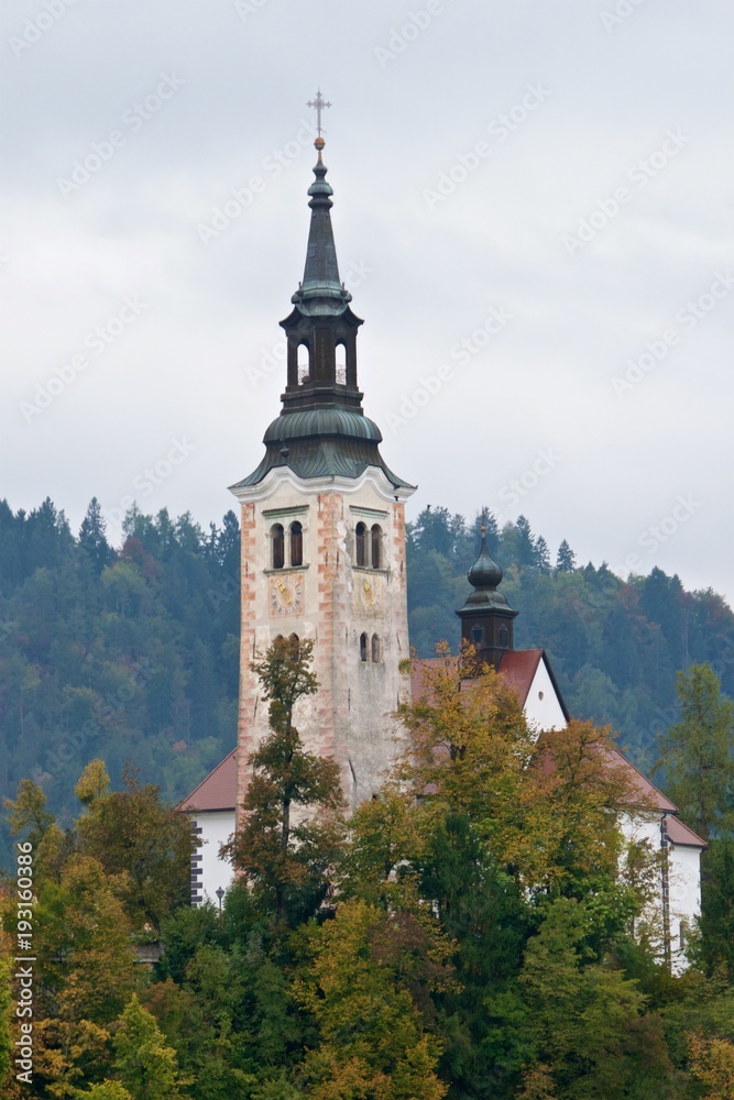 Ancient baroque church on Bled Island in Slovenia