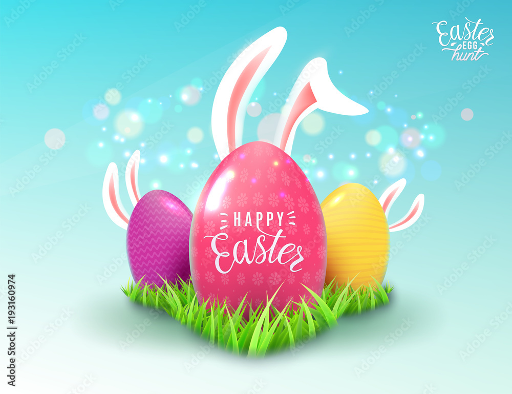 Easter background with green grass, color decorate eggs, easter bunny ears
