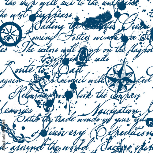 Grunge vintage ink lettering and marine elements, vector seamless pattern