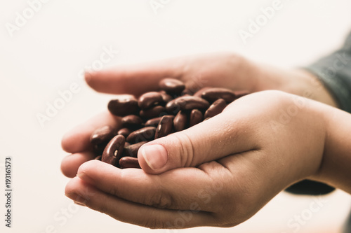 Small hungry child gets food donate help a volunteer, hands full of beans