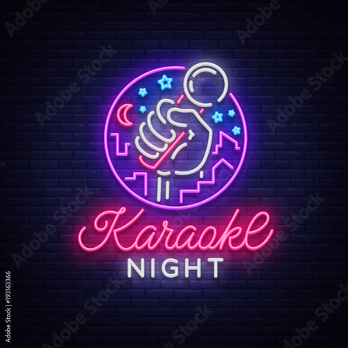 Karaoke night vector. Neon sign, luminous logo, symbol, light banner. Advertising bright night karaoke bar, party, disco bar, night club. Live music. Design template