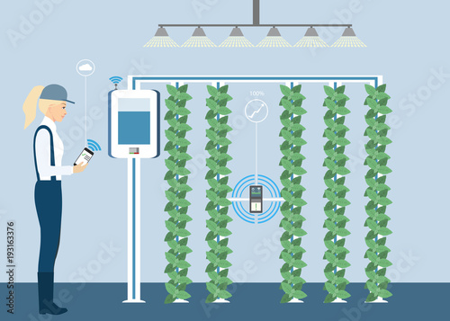 Vertical greenhouse gardens. Growing micro greens.  Smart farm with wireless control. Vector illustration.