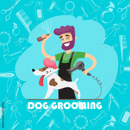 Cute dog at groomer salon and set of icons