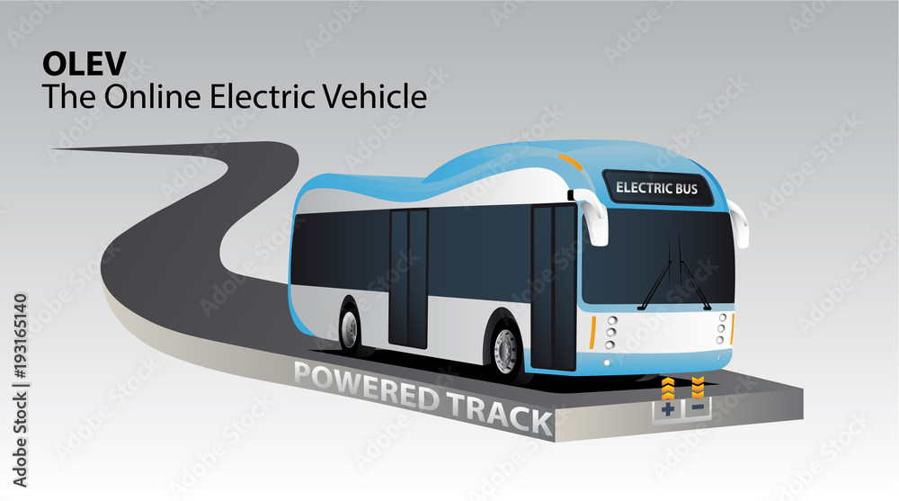 Online electric vehicle. Bus on a powered track with contactless