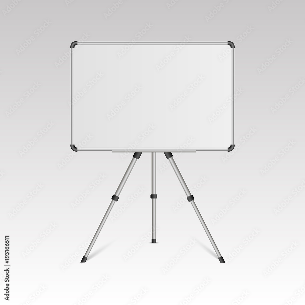 Realistic blank whiteboard on tripod stand isolated on white background. Vector.