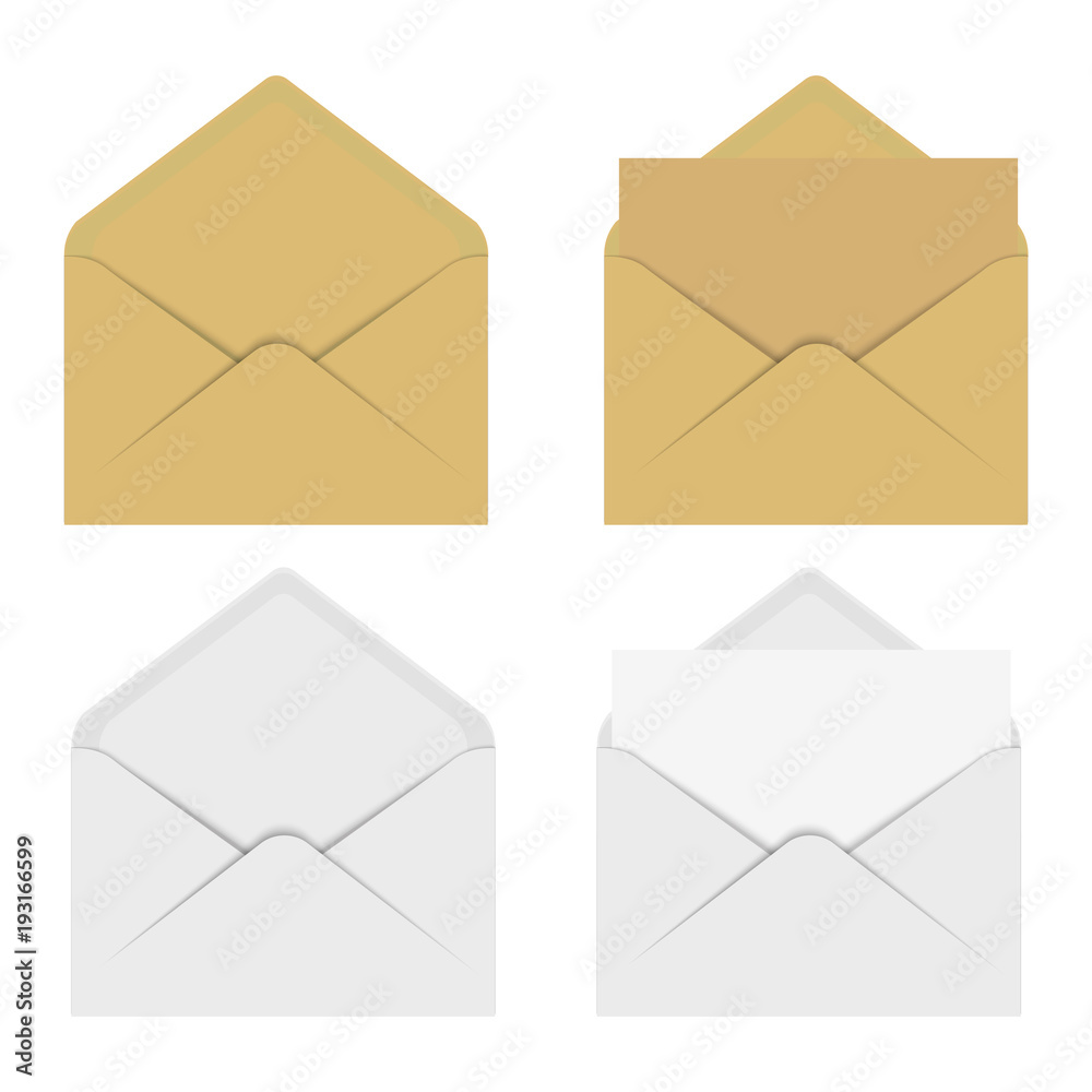 Blank of white and brown envelope. Opened and closed view. Vector.Realistic mockup envelope for letter or invitation card. Vector. Blank of white and brown envelope. Opened and closed view. Vector.Realistic mockup envelope for letter or invitation card. Vector.