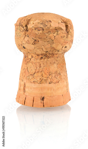 High quality natural cork stopper for champagne isolated on white background with shadow reflection. Cork bung on white backdrop.