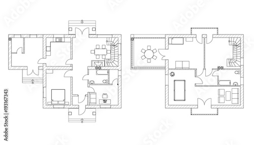 Black and White floor plans of a modern apartment. Vector interior design. Architectural background.