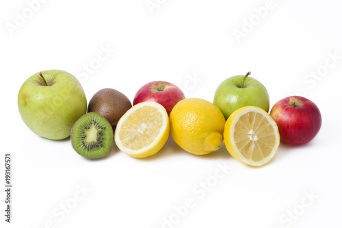 Lemon with apples and kiwi on white background. Kiwi with lemon on a white background. Fruits on a white background.