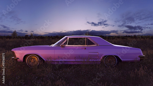 Fotografie Pink 1970s American Classic Car in a Field at Sunset 3d Illustration
