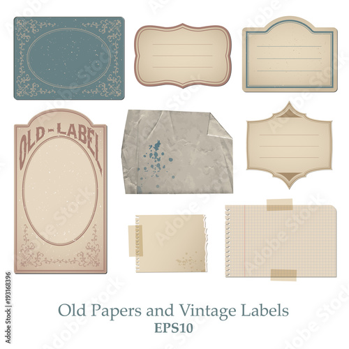 Set of old papers, stained, bent and spoiled and vintage labels with grunge texture and various dies